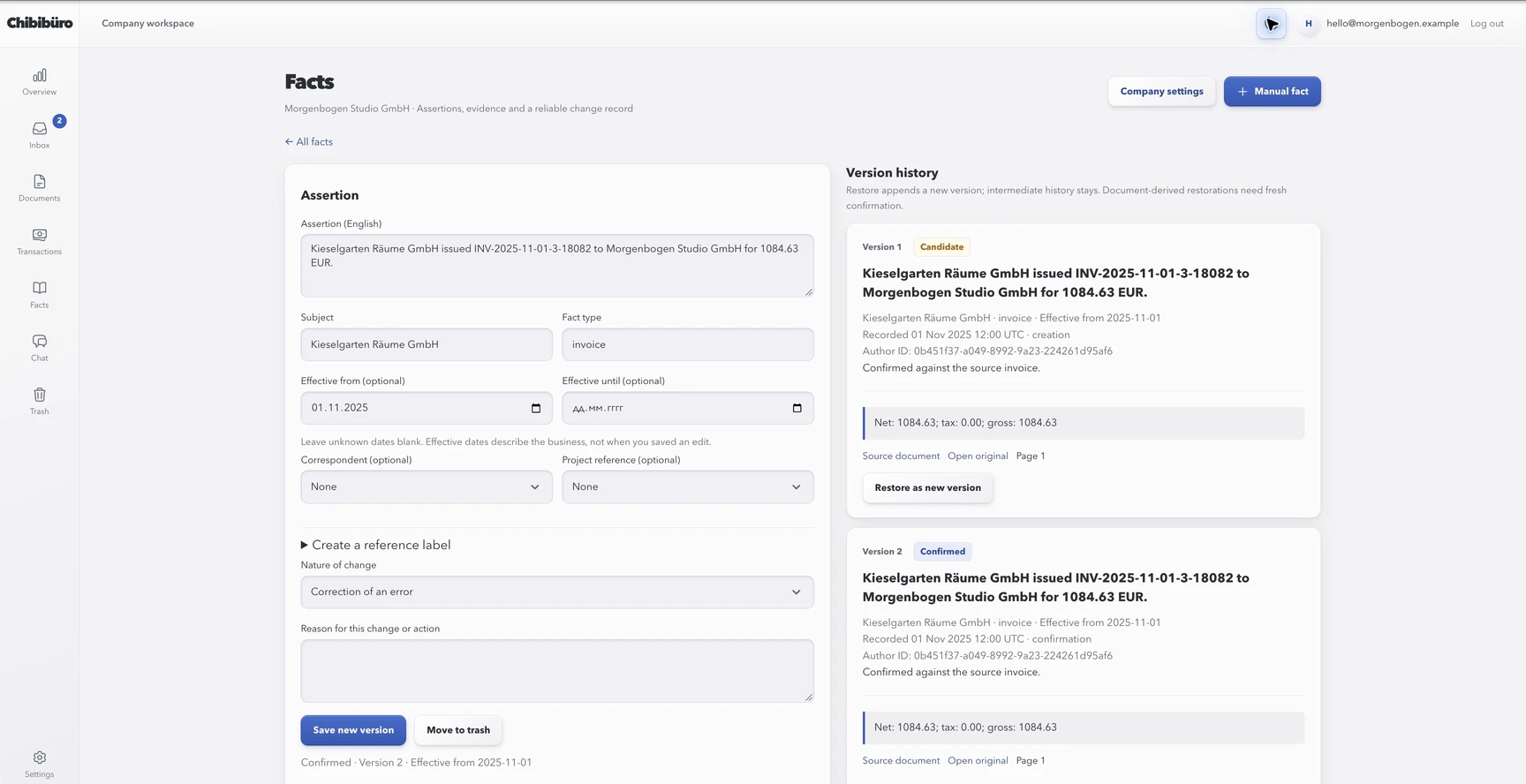 Chibibüro facts view with an assertion, candidate and confirmed versions, source references and change history.