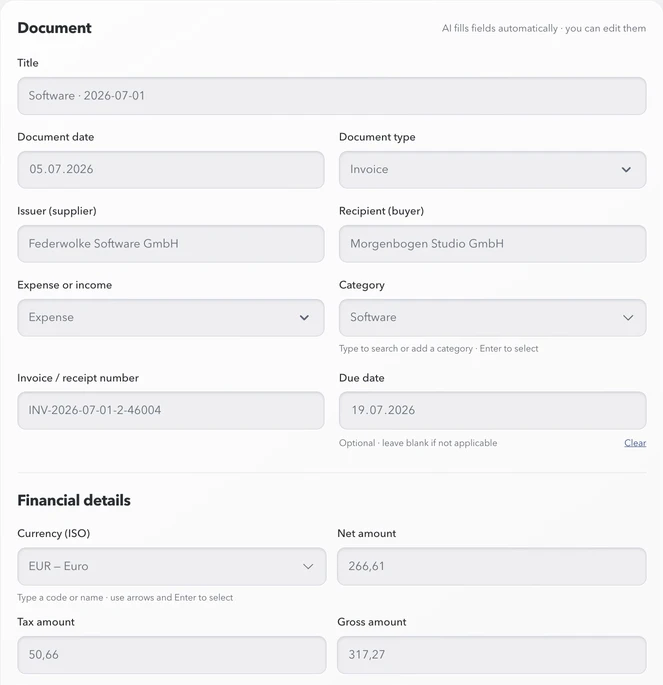 Chibibüro document review form with dates, counterparties, category and financial fields.